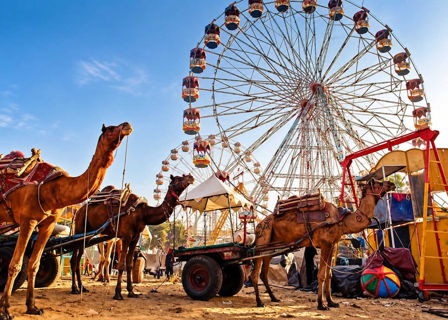 Camel carts and a ferris wheel at the Pushkar Camel Fair in Rajasthan