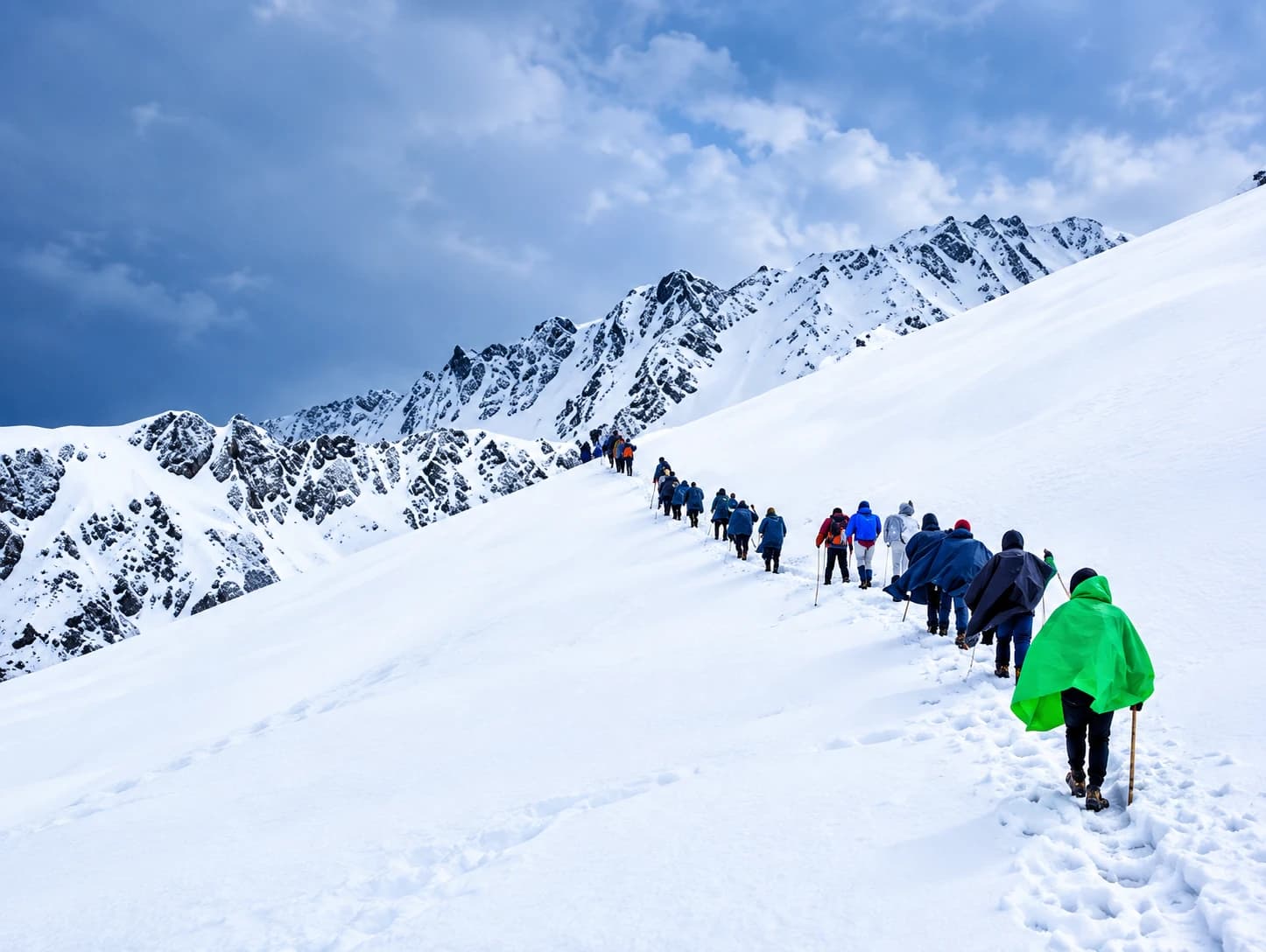 A line of trekkers crossing a snow slope on the Sar Pass trek in Himachal Pradesh