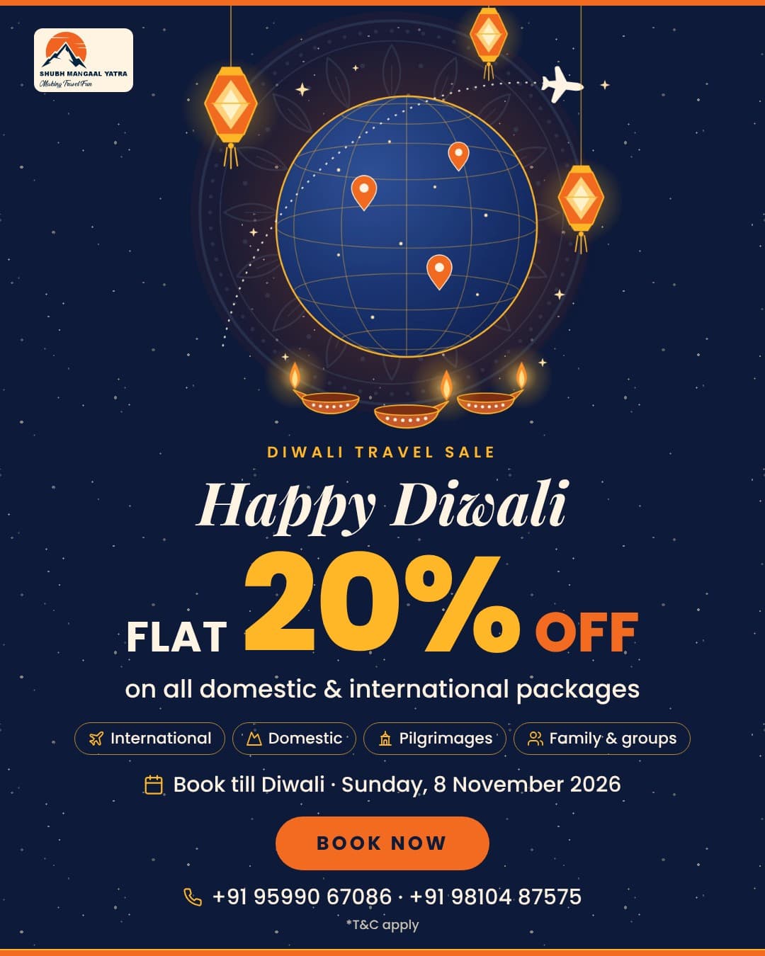 Happy Diwali — flat 20% off on all domestic and international packages, book till Sunday 8 November 2026