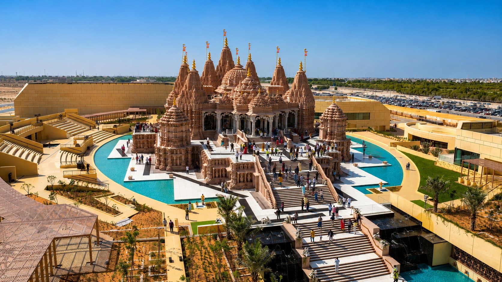 Aerial view of the BAPS Hindu Mandir in Abu Dhabi