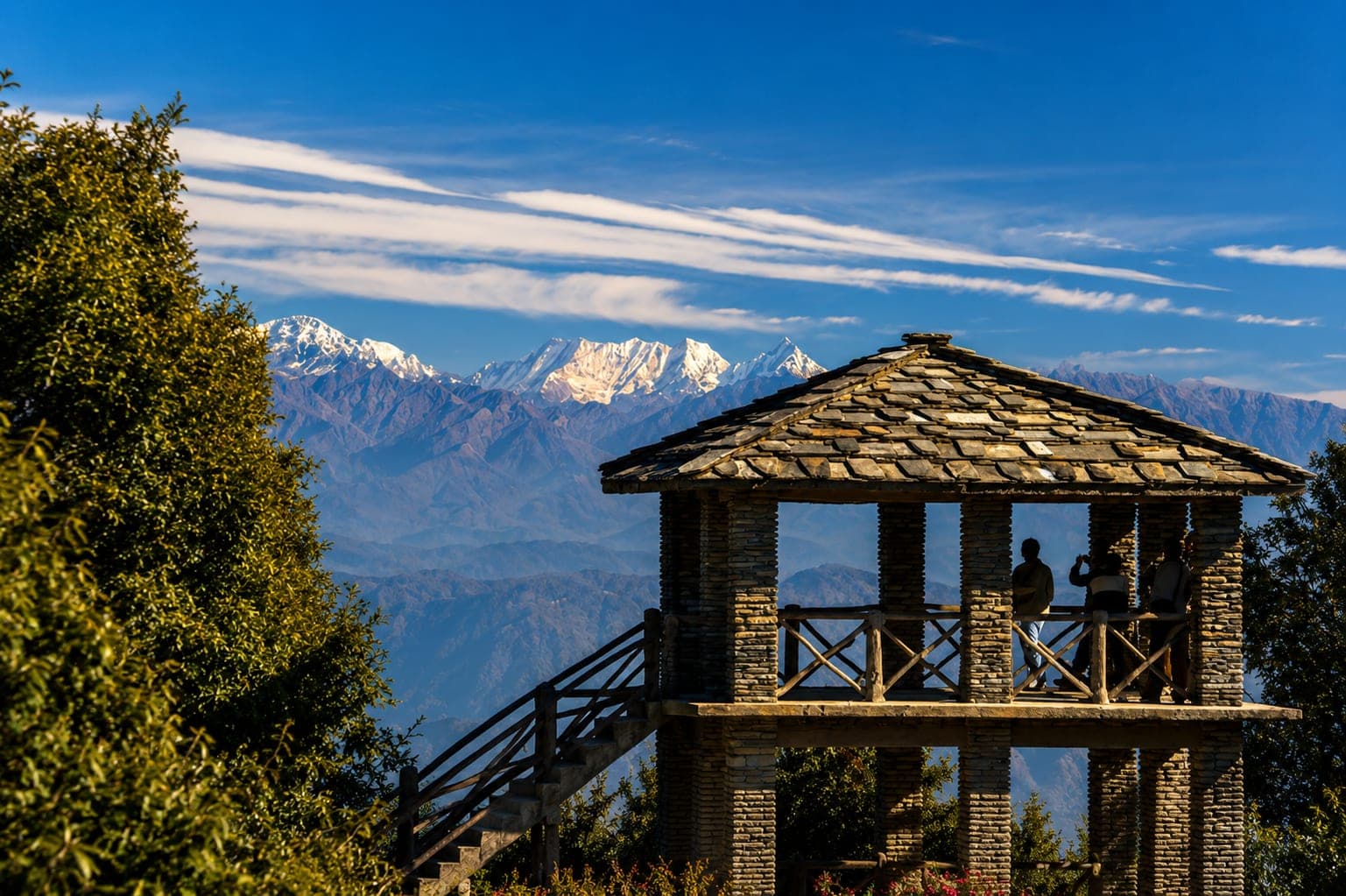Himalayan peaks seen from the Zero Point viewpoint tower in Binsar Wildlife Sanctuary