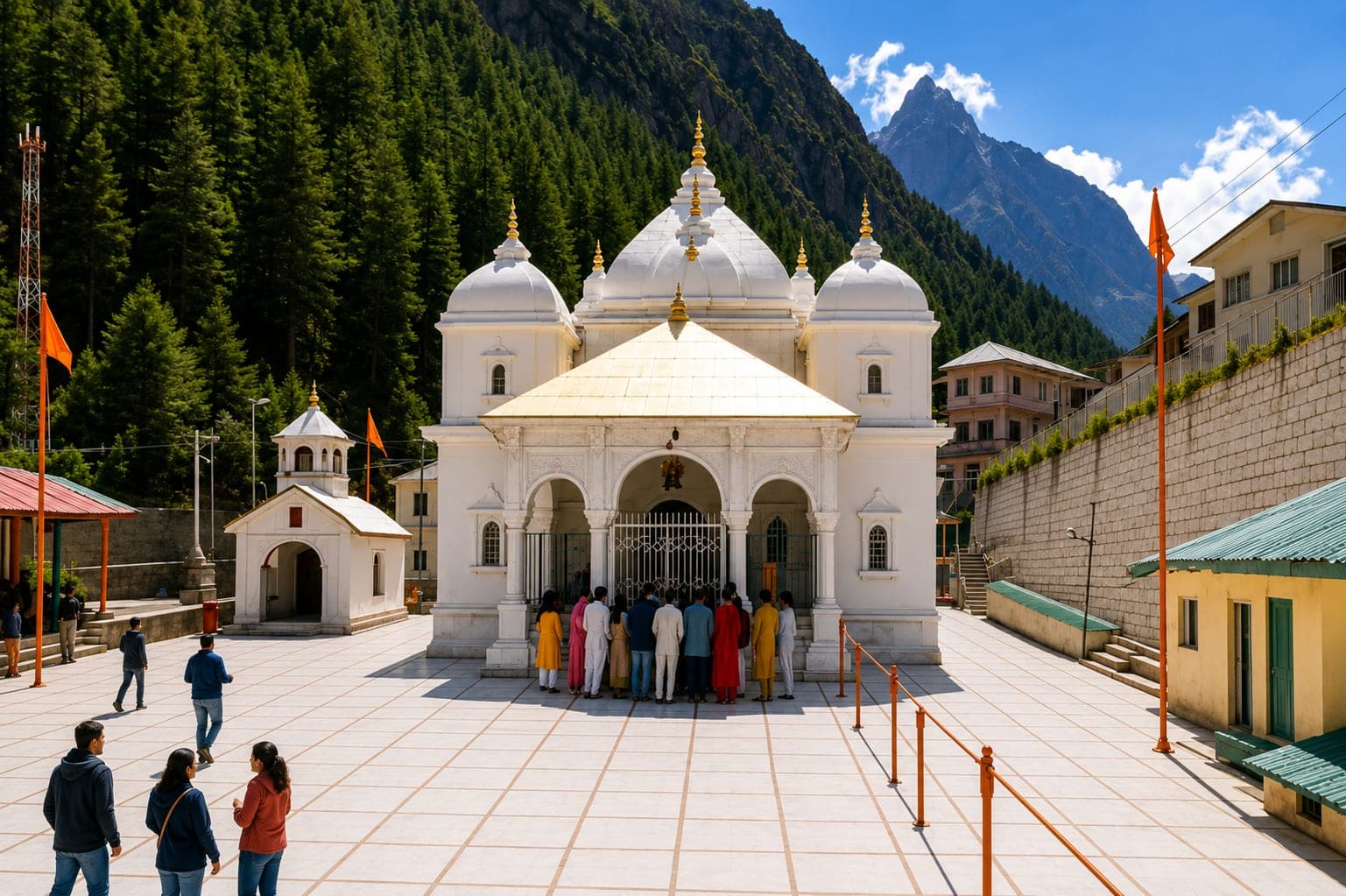 Gangotri Temple with the Himalayas behind