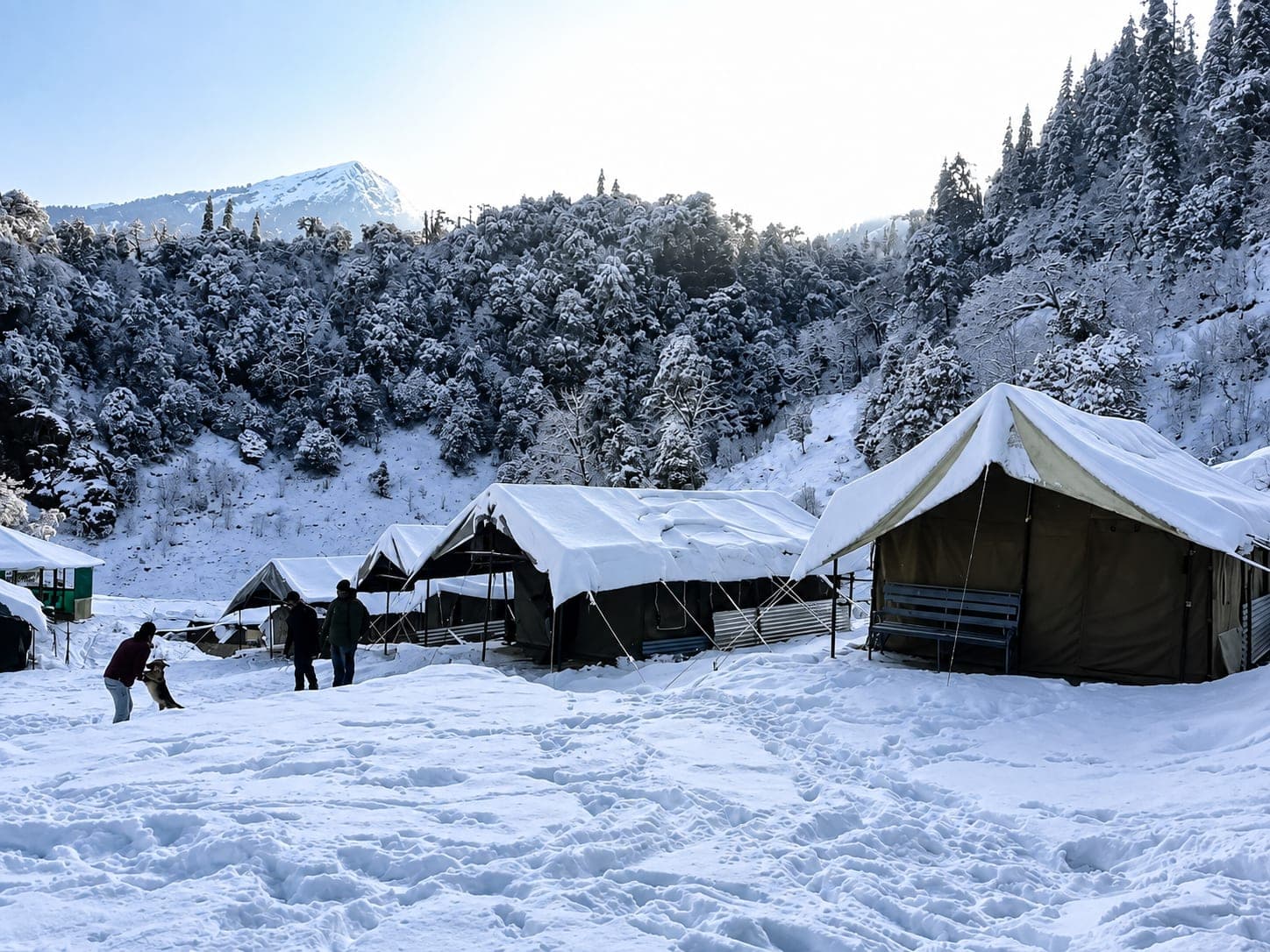 Snow-covered Swiss tents at the Chopta camp