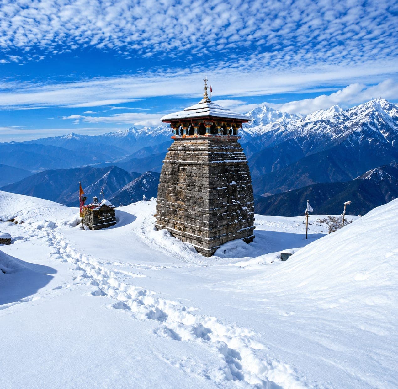 The snow-covered Tungnath Temple at high altitude