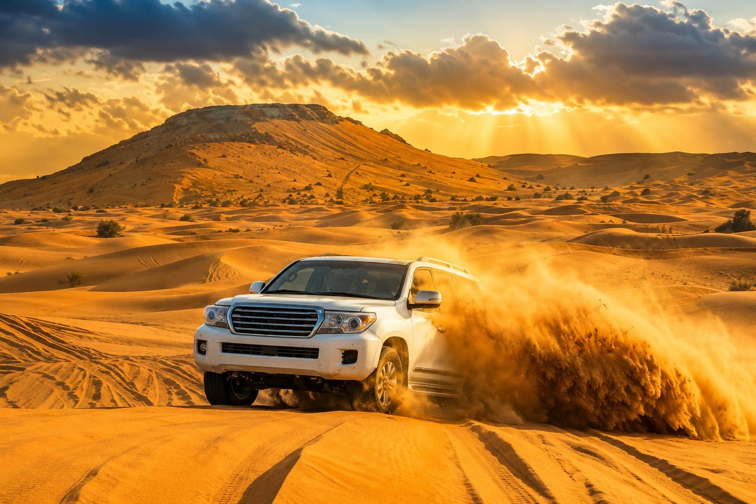 Desert safari dune-bashing near Dubai at sunset