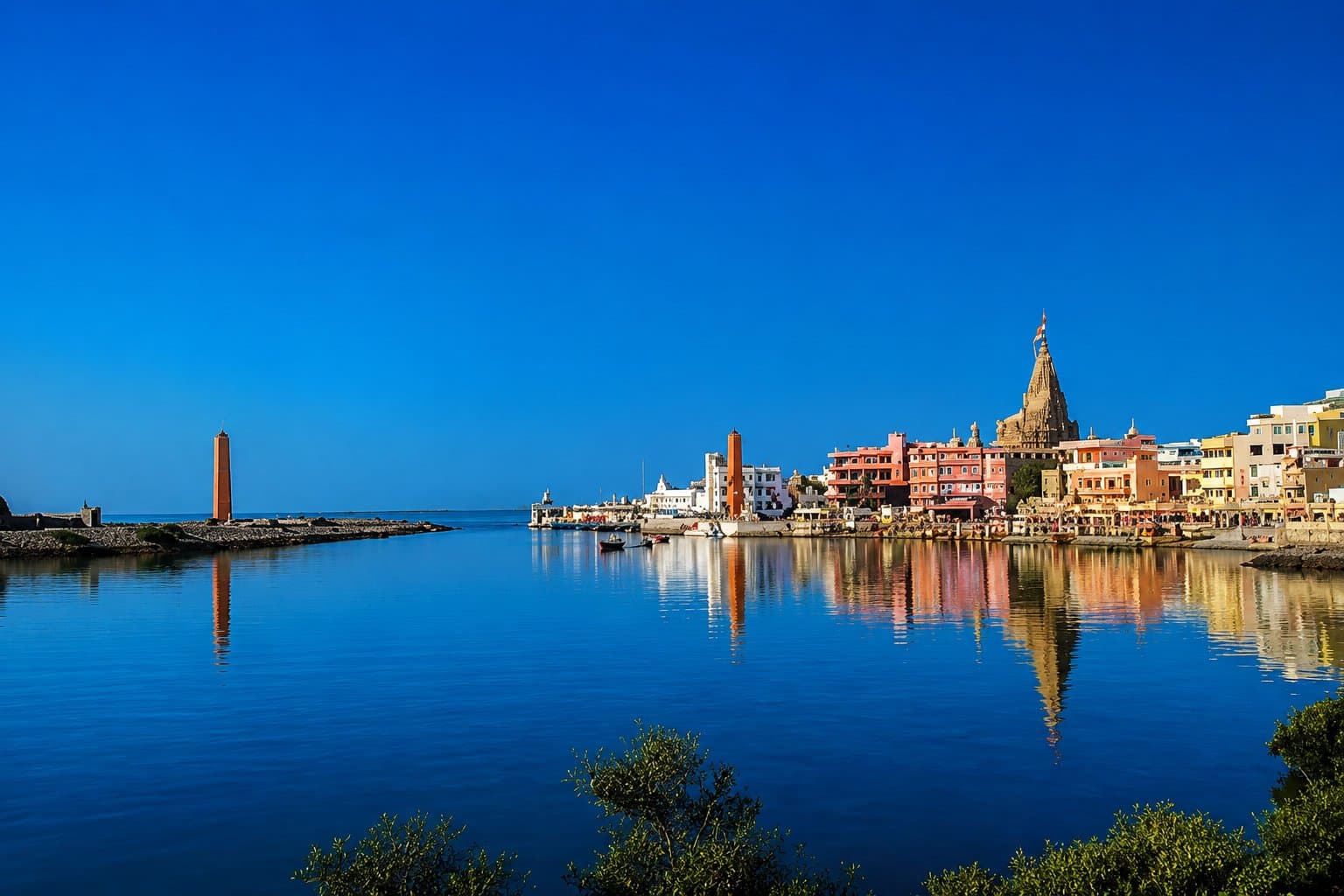 Dwarkadhish Temple's spire rising above the Dwarka waterfront