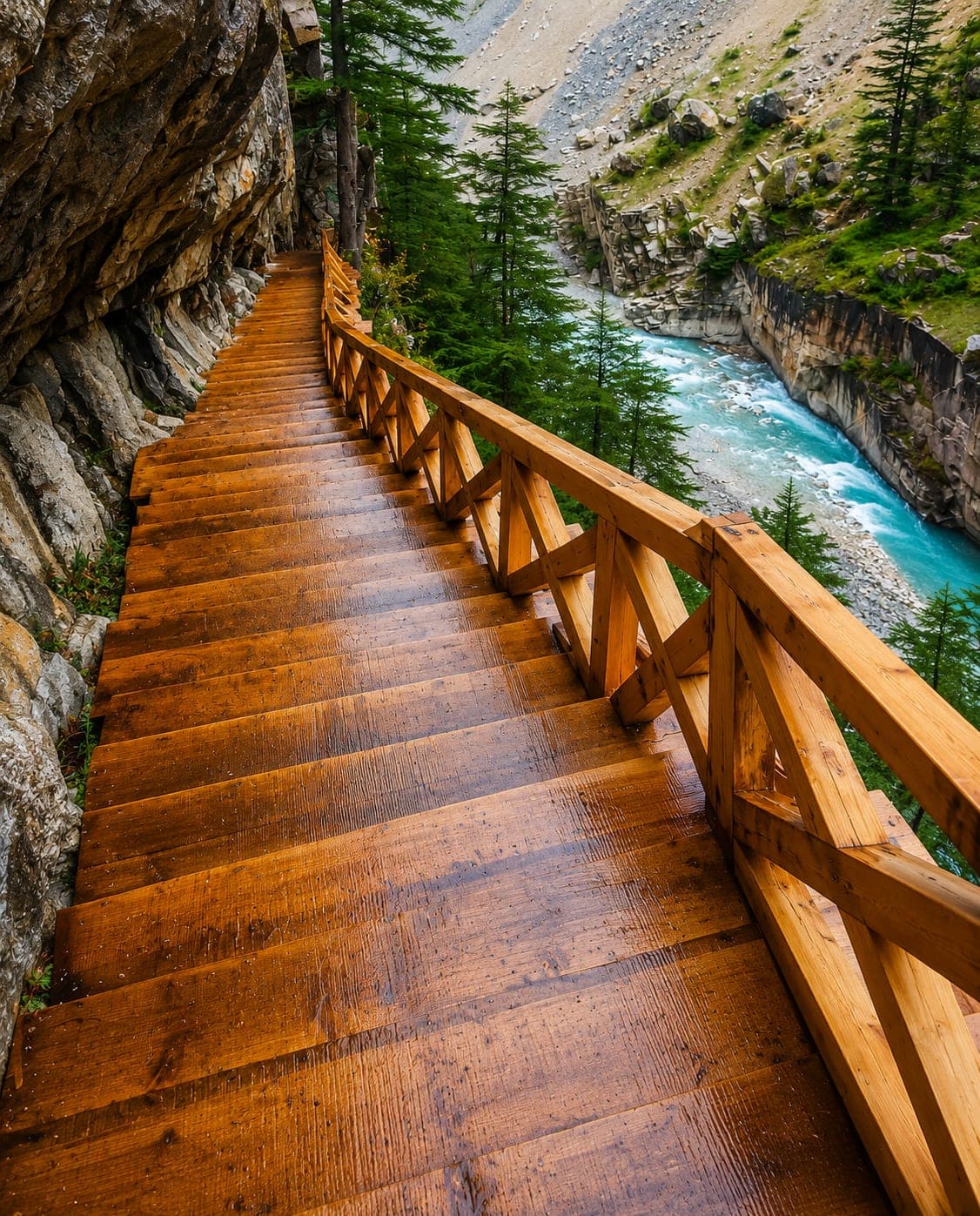 Gartang Gali's historic wooden trail clinging to the cliffside near Harsil