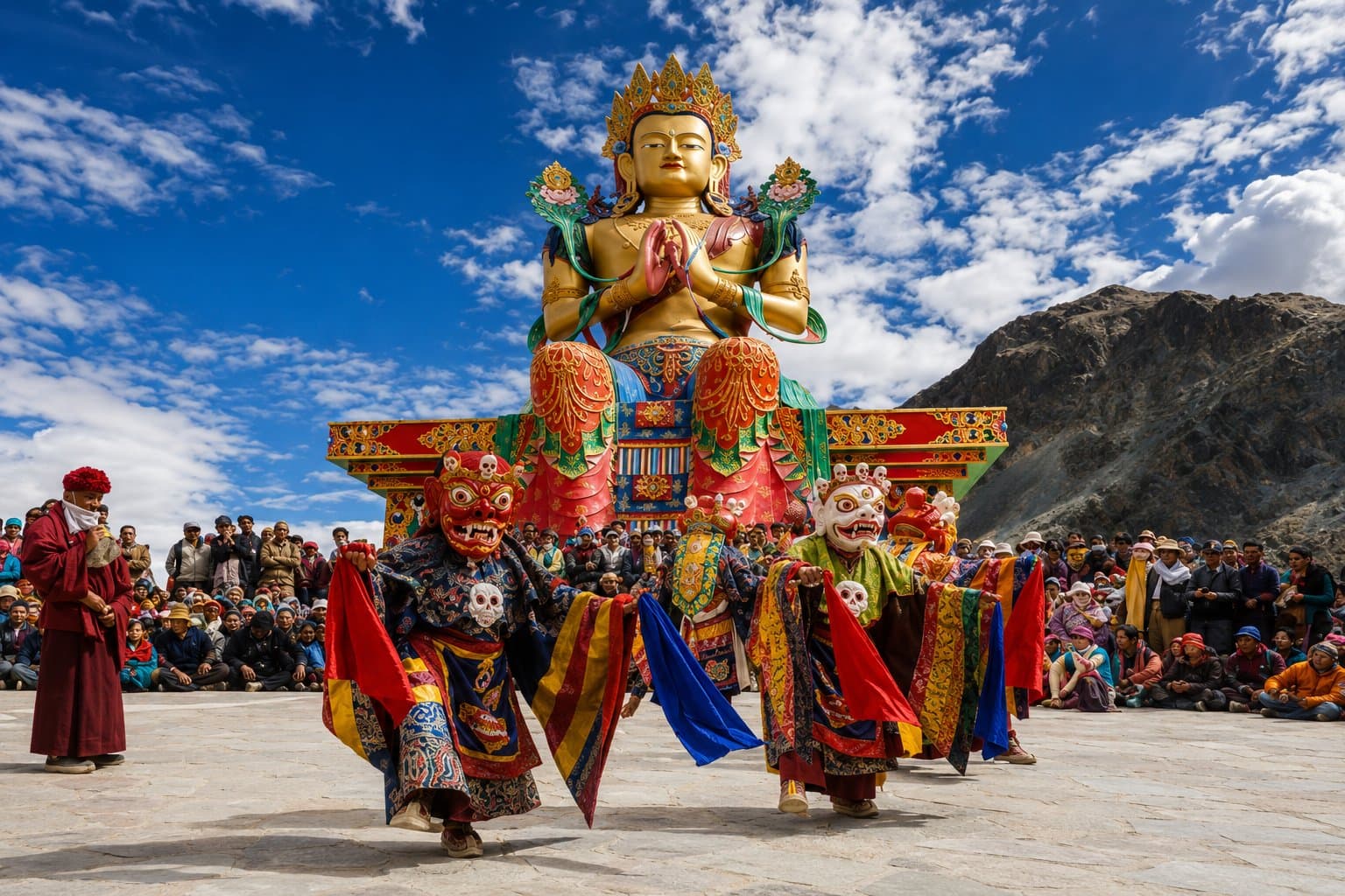 Monks performing masked Cham dances in front of the Maitreya Buddha statue at Hemis Festival, Ladakh