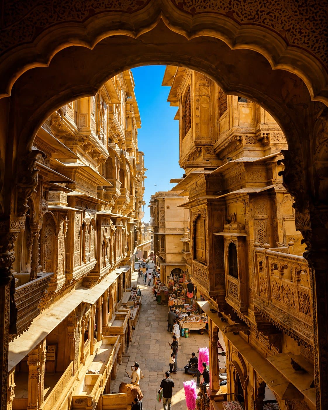 The carved sandstone facades of Patwon-Ki-Haveli in Jaisalmer