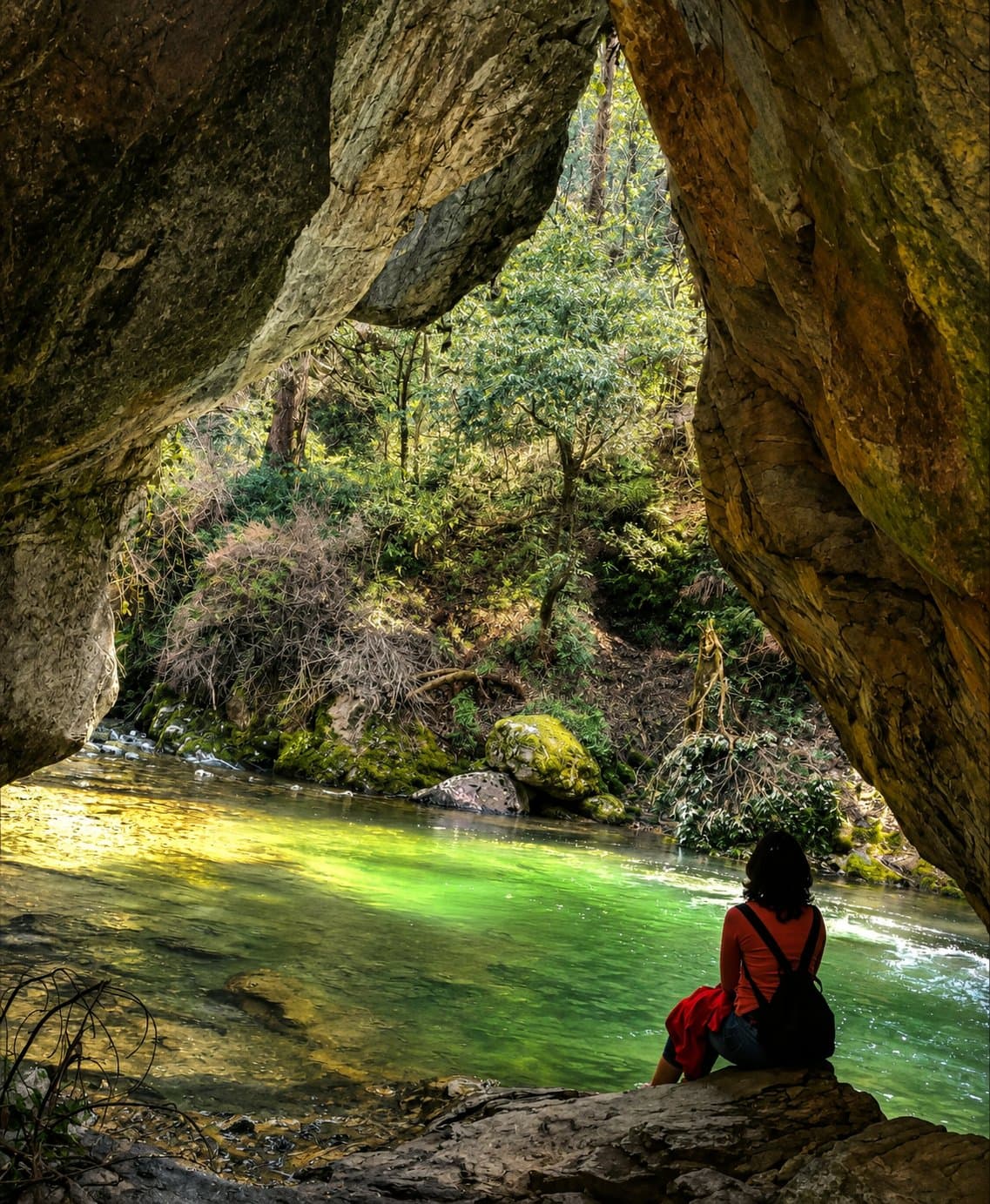A traveller resting by the green river at Jibhi's 'Mini Thailand' viewpoint