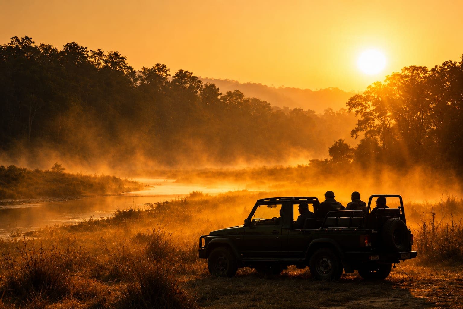 Golden sunrise light over the jungle on a Jim Corbett safari