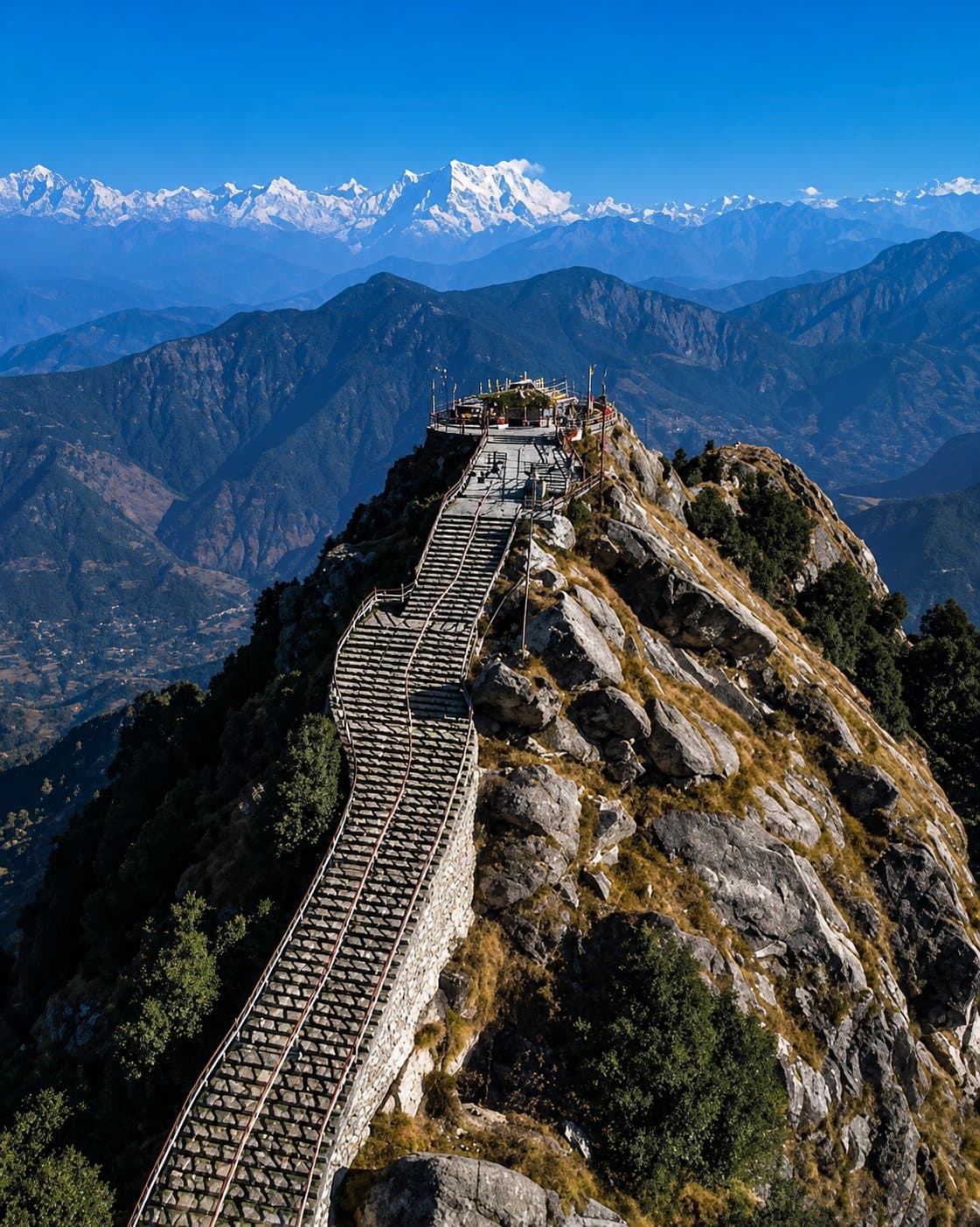 The narrow stone ridge staircase leading up to Kartik Swami Temple