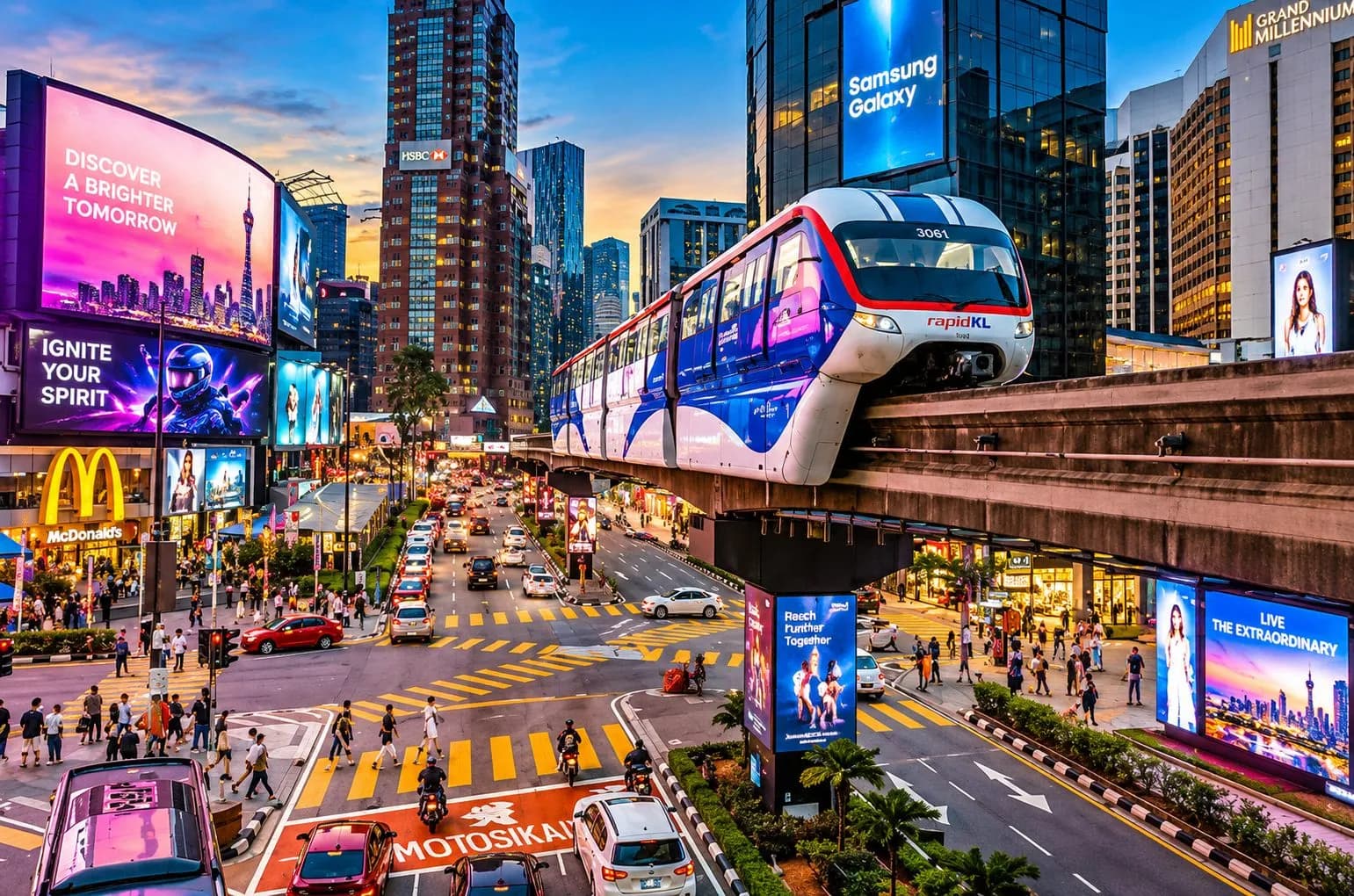 The KL Monorail passing through Kuala Lumpur's Bukit Bintang district at dusk