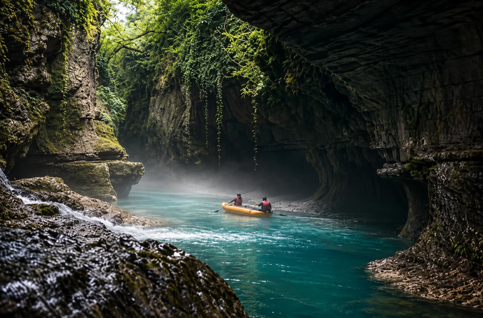 A boat gliding through Martvili Canyon's turquoise water, framed by moss-covered rock walls
