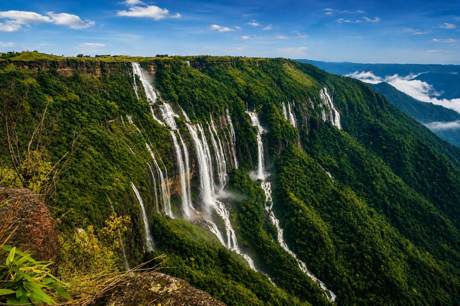 Nohsngithiang Falls (Seven Sisters Falls) cascading down a cliff near Cherrapunjee
