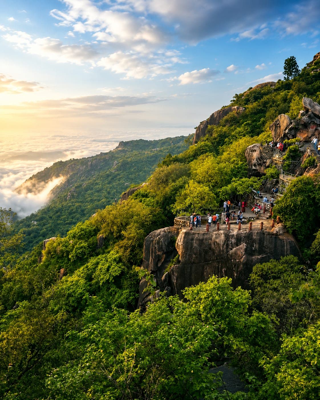 Visitors at a cliffside viewpoint above the clouds in Mount Abu