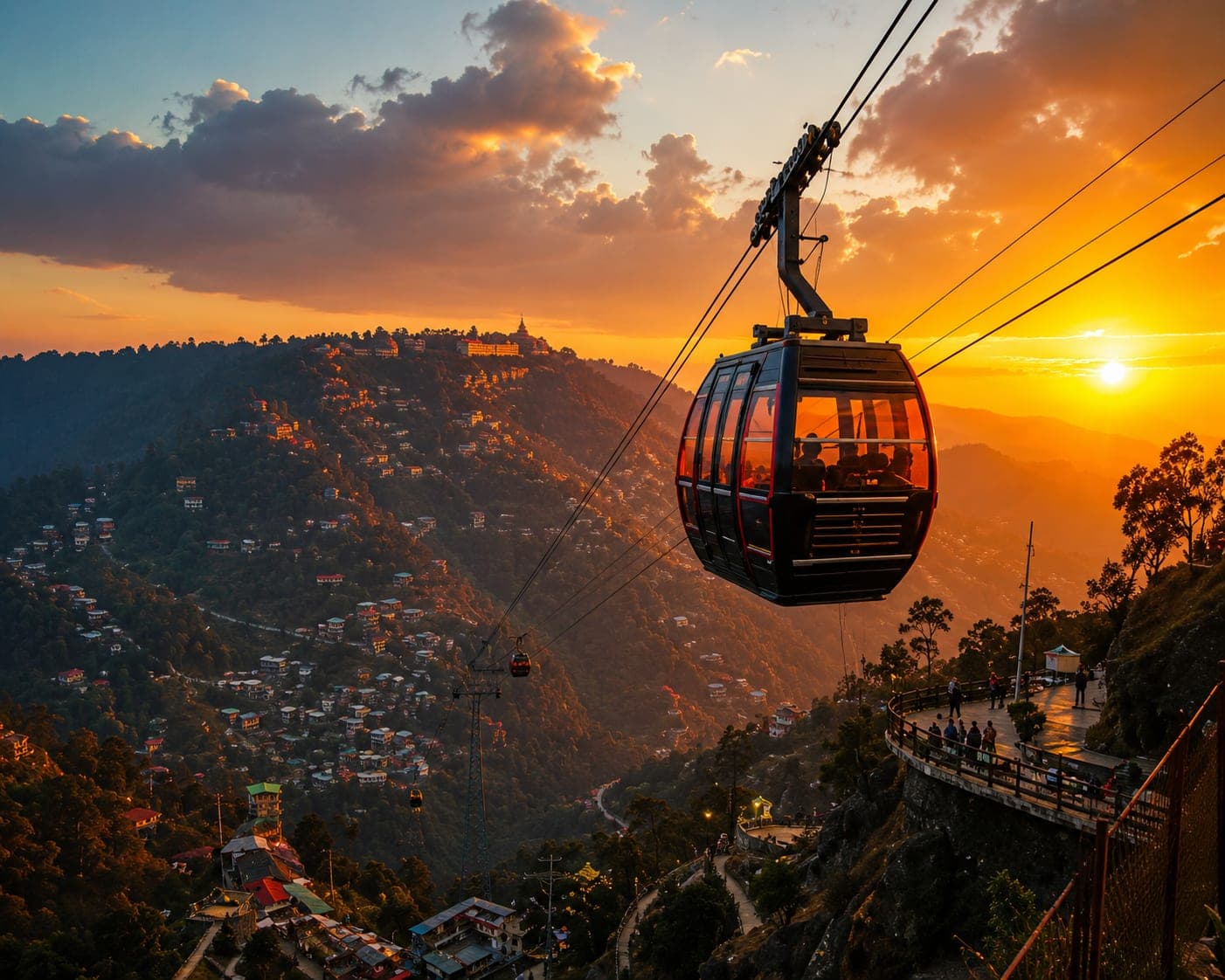 A cable car ride at sunset near Mussoorie, a fellow Garhwal hill station