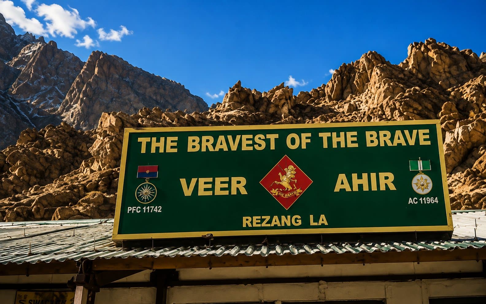 The Rezang La war memorial sign near Chushul, Ladakh