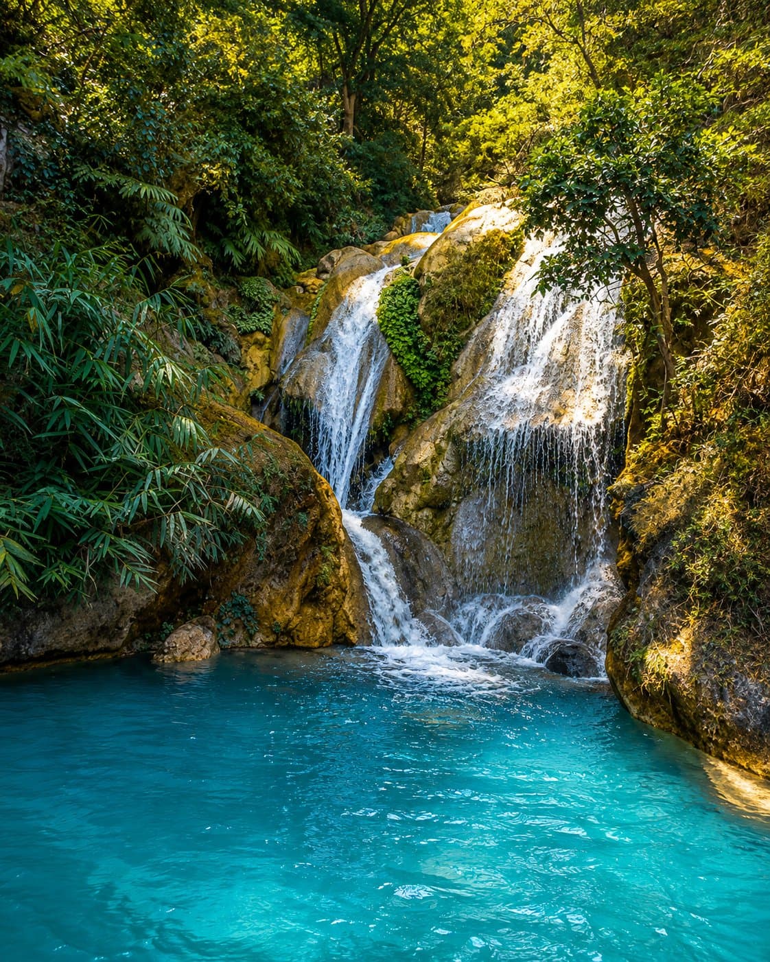 The turquoise pool at Neer Garh Waterfall near Rishikesh