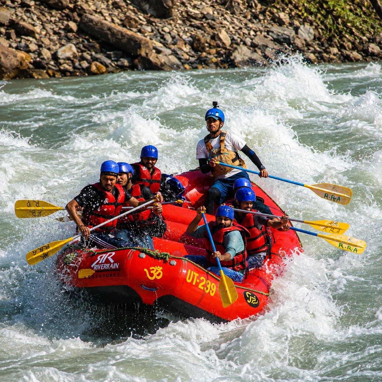 Rafters paddling through white water on the Ganga near Rishikesh