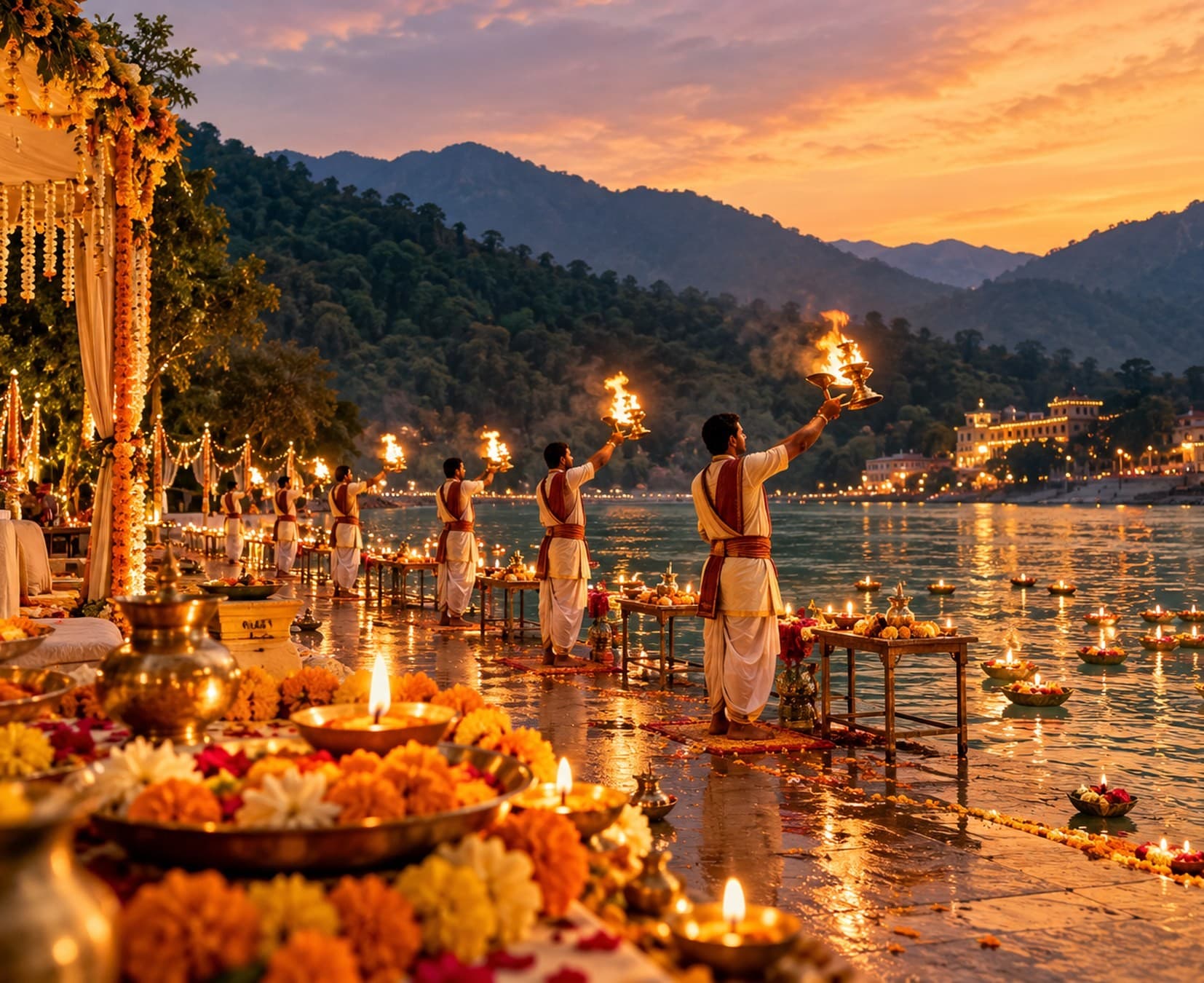 Concept artwork for the Day 1 Ganga Sandhya — priests performing aarti with floating lamps on the Ganga at sunset