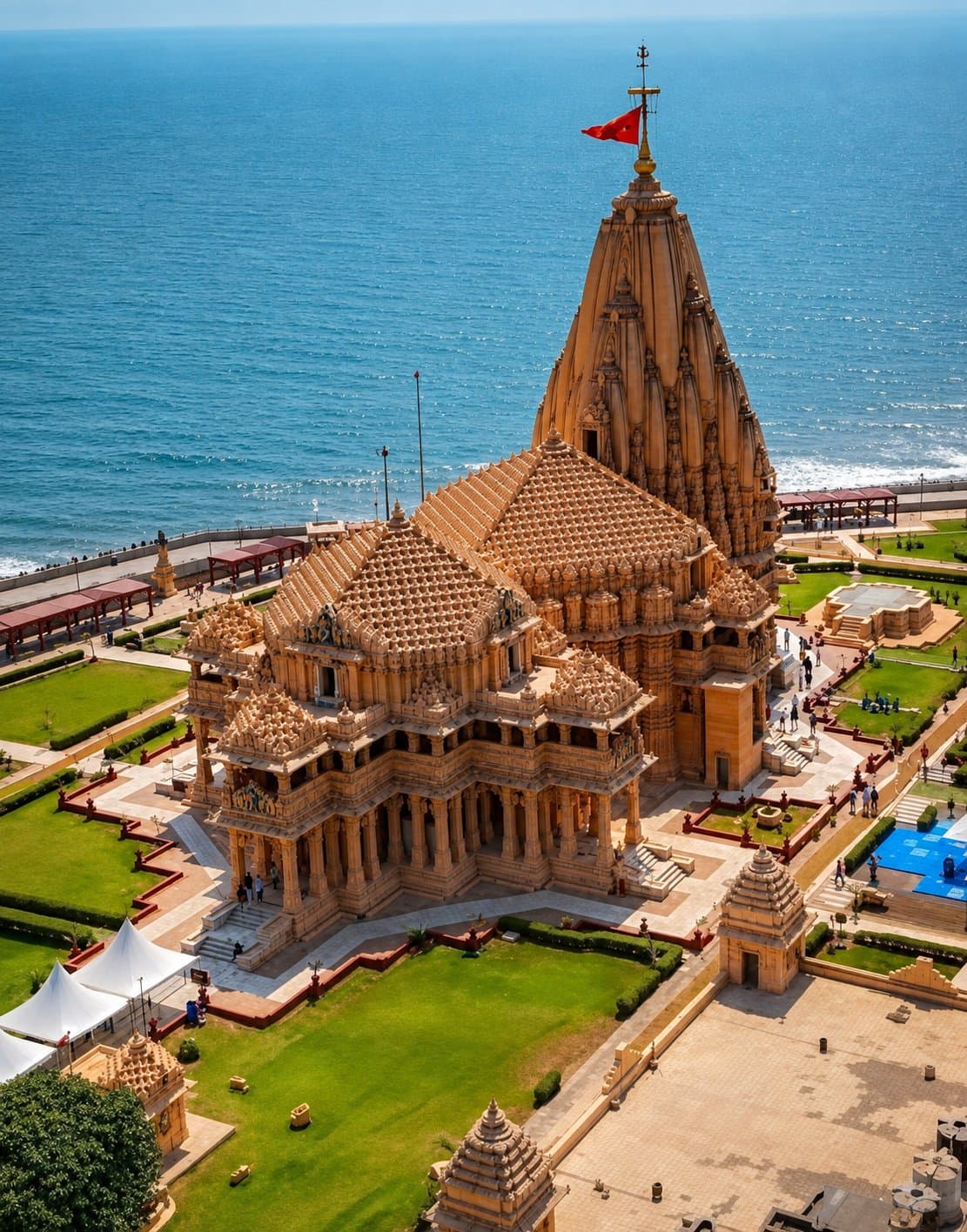 Aerial view of Somnath Temple beside the Arabian Sea