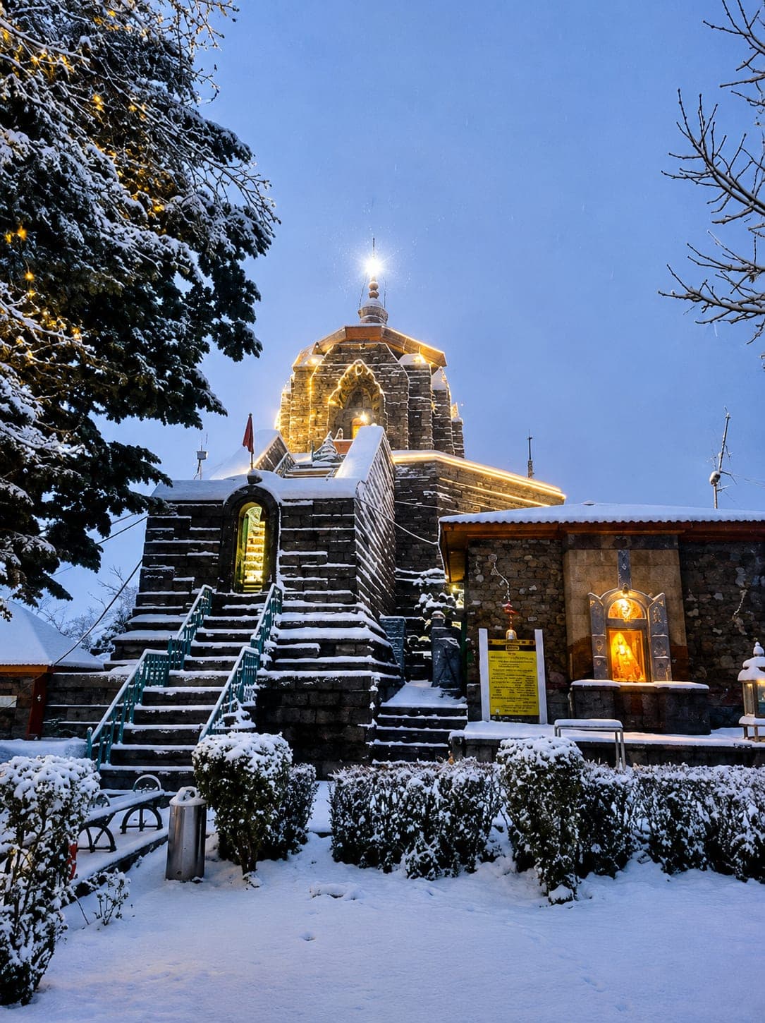 Shankaracharya Temple lit up under snow, Srinagar