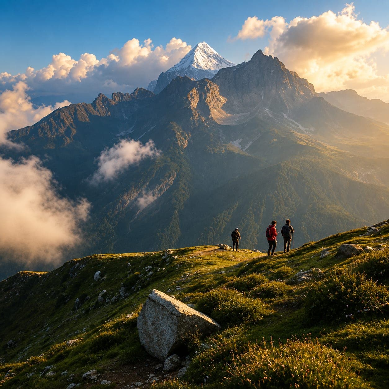Trekkers on the Triund ridge with Dhauladhar peaks behind