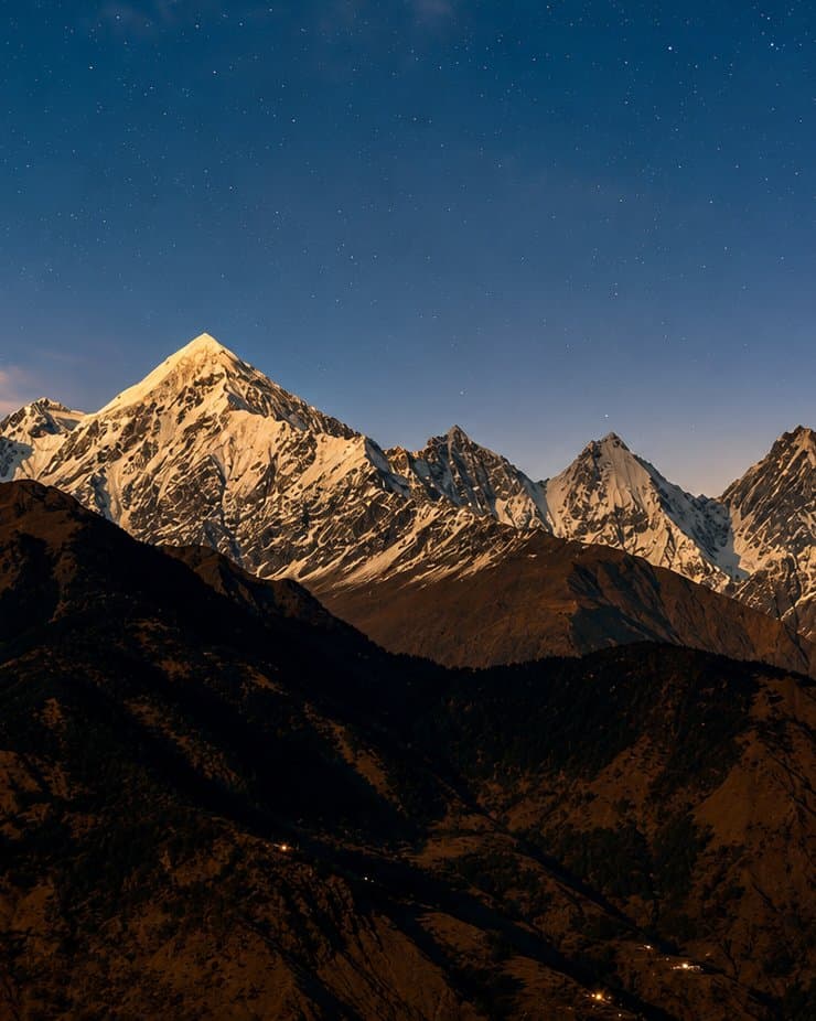 The five snow-capped summits of the Panchachuli peaks at sunset
