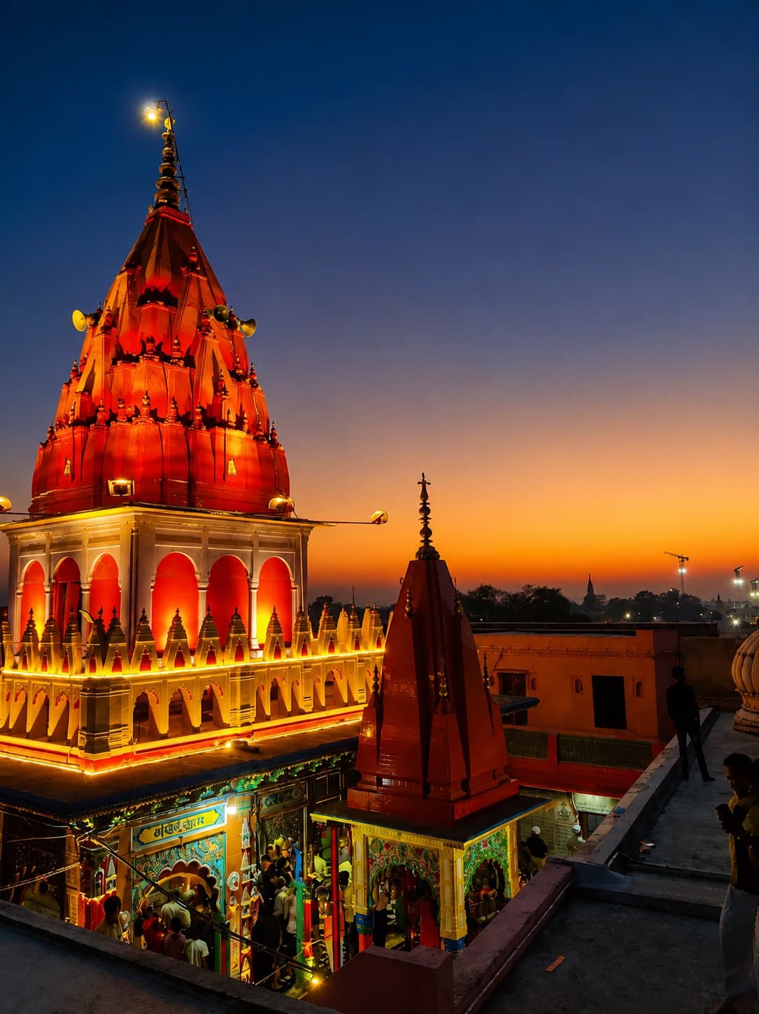 A temple on Varanasi's ghats at dusk