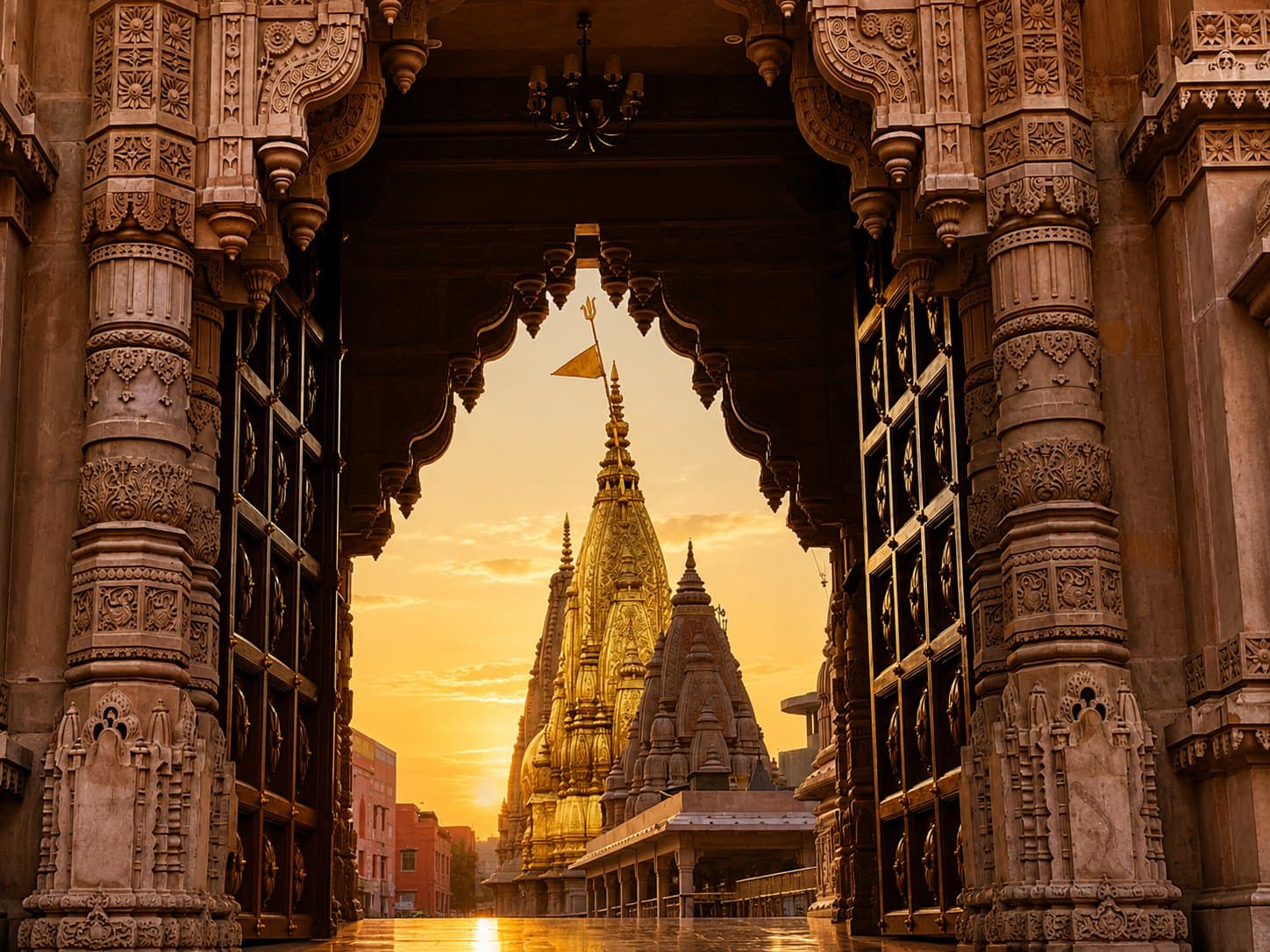 Kashi Vishwanath Temple's golden spire framed through a stone archway in Varanasi