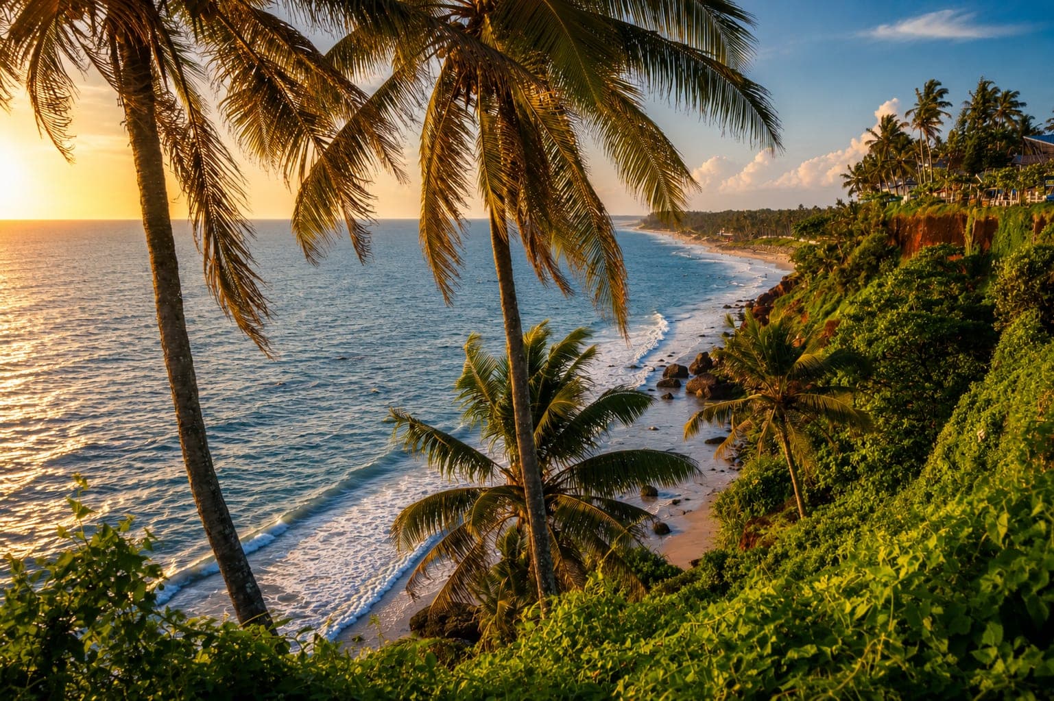 Palm-fringed Varkala cliff beach at sunset