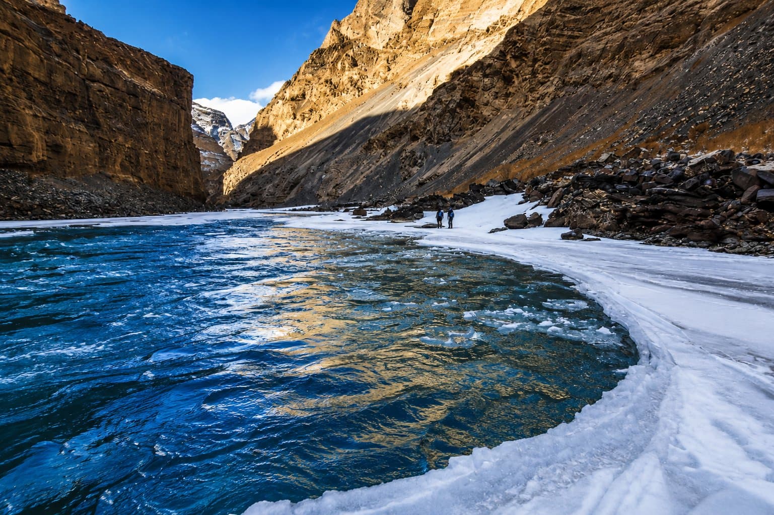 Trekkers on the frozen Zanskar river gorge in winter