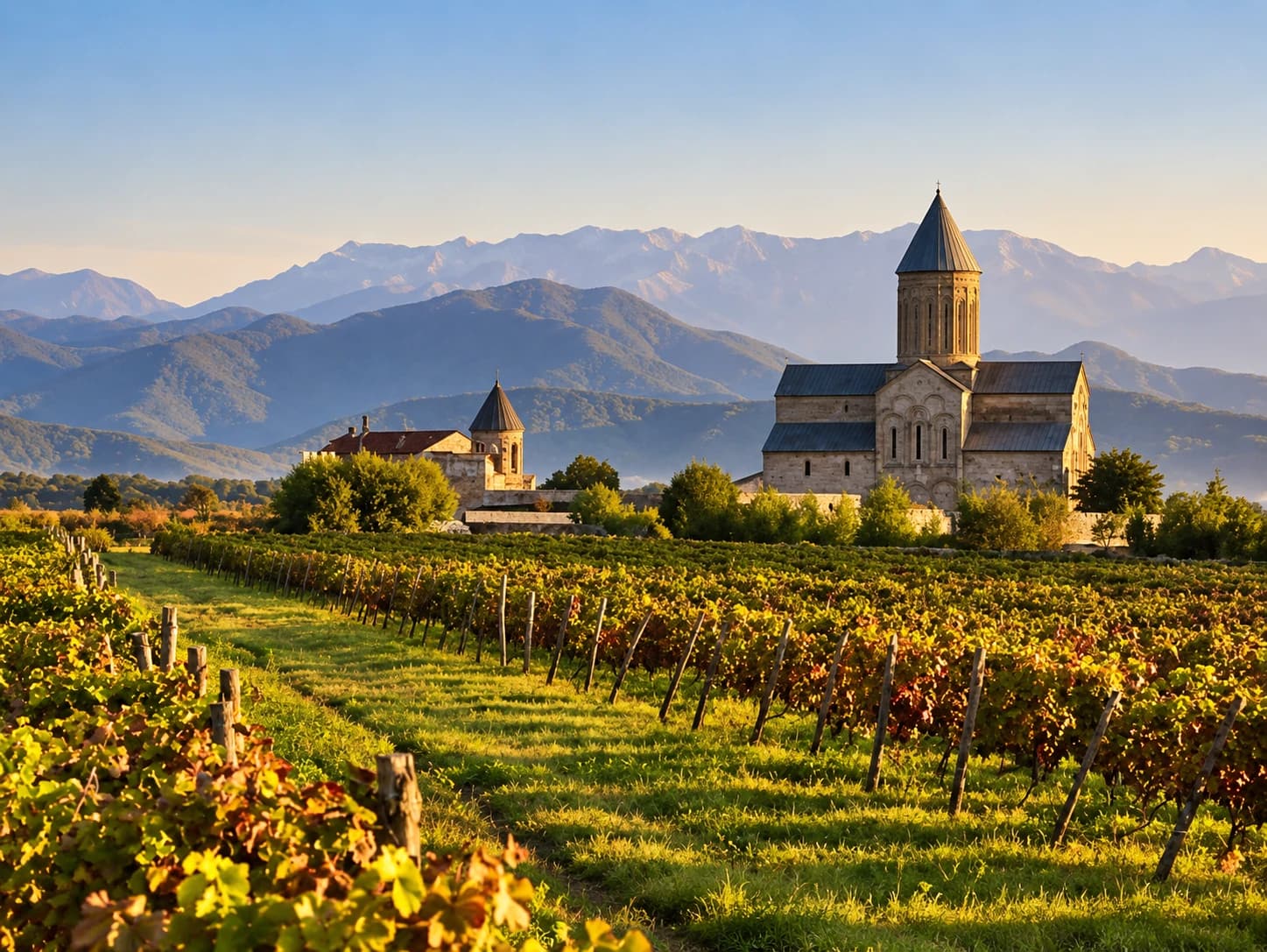 Alaverdi Cathedral rising above vineyard rows in Kakheti, with the Caucasus Mountains behind