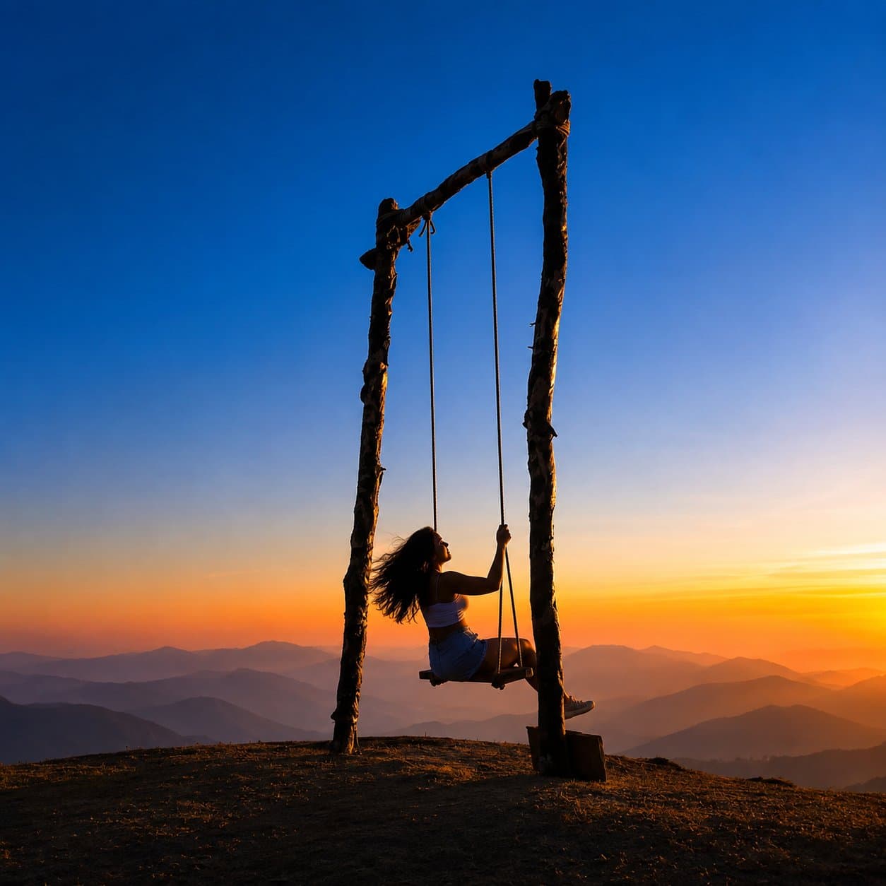 A hilltop swing overlooking the Sainj Valley at sunset